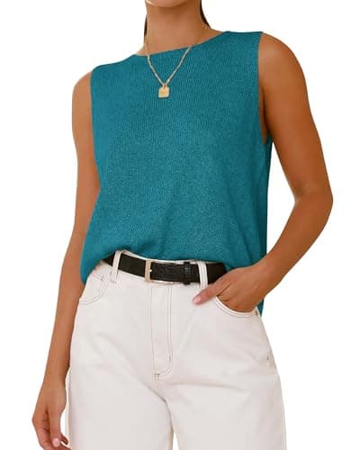 BTFBM Sleeveless Sweater Tops for Women 2026 Crew Neck Lightweight Casual Loose Tank Summer Outfits Fashion Clothing(Lake Blue, Medium) - Image 1