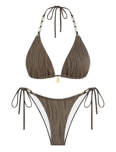 ZAFUL Textured Halter Brown Bikini for Women 2 Piece Triangle Bikini Sets Sexy High Cut Bathing Suit Side Tie Swimsuits 2026, Small - Image 1
