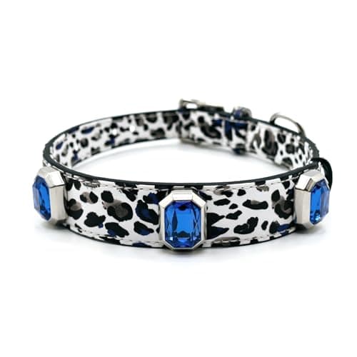 Luxury K9 Crystal Dog Collar -Waterproof Wear-Resistant Microfiber Leather with Hand-Set Rhinestone Gems, Durable Metal Buckle, Adjustable Bling Collar for Small Medium Large Dogs (Blue Leopard, M)