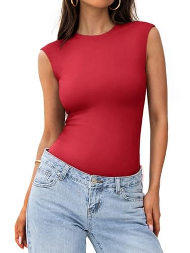 PINKMSTYLE Women's Bodysuit Basic Crew Neck Sleeveless Tank ThongBody Suits Outfits for Going Out Tops Red Small - Image 1