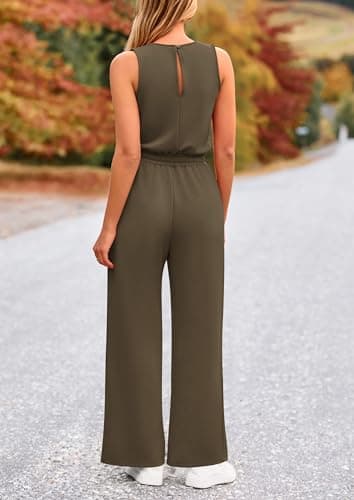 PRETTYGARDEN Jumpsuits for Women Casual 2026 Summer Sleeveless Wide Leg Pants Rompers One Piece Beach Vacation Spring Outfits (Army Green,X-Large) - Thumbnail 2