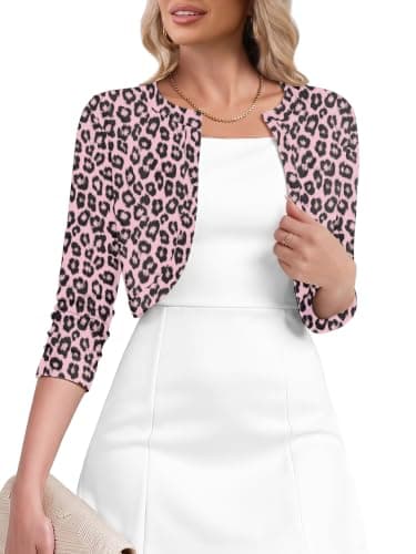 Heymoments Women's Thin Shrugs for Dresses Pink Leopard X-Large Open Front 3/4 Sleeve Knit Lightweight Crop Cardigan Dressy Cropped Tops Coat Sweater Clothes - Image 1