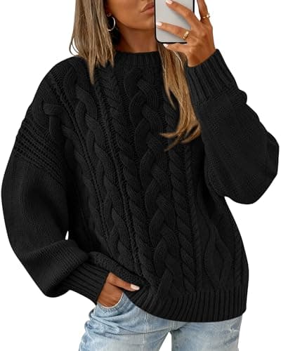 BTFBM Women's Oversized Sweaters 2025 Batwing Long Sleeve Cable Knit Crewneck Pullover Tops Fall Outfits Winter Clothing(Black, Large) - Image 1
