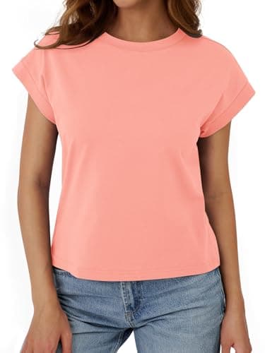 Womens Crop Tops Cap Sleeve T Shirts Cotton Crewneck Loose Fit Trendy Short Sleeve Tops for Women 2026 Coral - Thumbnail 4