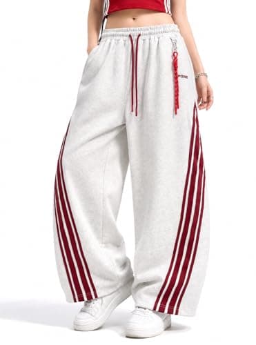 PPONE Women’s Y2K Barrel Sweatpants, 4-Stripe Baggy Wide Leg Pants, Mid Rise Streetwear Track Pants with Adjustable Cuffs and Drawstring Waist Grey - Image 1