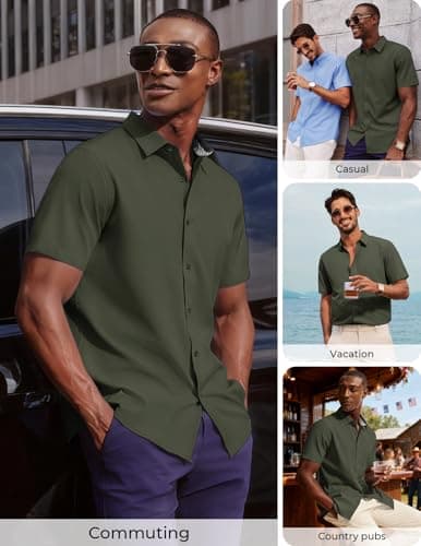 PJ PAUL JONES Mens Short Sleeve Button Down Shirts Wrinkle Free Untrucked Dress Shirts for Men Stretch Collared Shirt Solid Regular Fit Army Green - Thumbnail 4