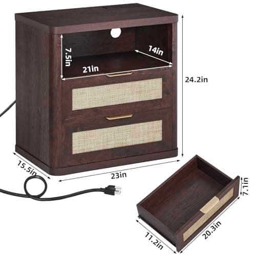 LEYAOYAO Rattan Nightstands with Charger Station, 23" Wide Boho Night Stand with 2 Drawers, Bedside Table Open Shlef, Bed Side End Table Dresser for Bedroom, Living Room Hallway, Walnut - Thumbnail 2