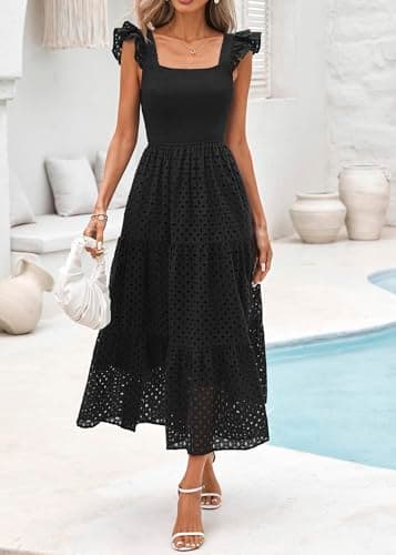 Lazysmile Womens Summer Maxi Dress Square Neck Ruffle Cap Sleeve Hollow Out Eyelet Smocked Tiered A Line Boho Sundress Black - Thumbnail 3