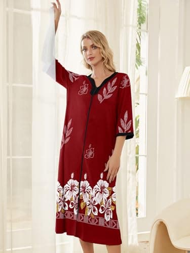 PITINAN Long Duster Housecoat Nightgown Womens Sleepwear Momo Dresses Cotton Short Sleeve Nightshirt Zip Front Bathrobe Nightwear House Dress With Pockets Comfy Lounger Wine Red S - Thumbnail 2