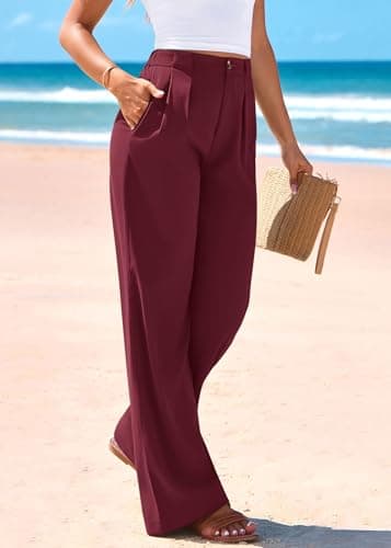 KIRUNDO Wide Leg Dress Pants for Women High Waisted Office Work Trousers Business Casual Slacks Button Flowy Palazzo Pant(Burgundy, XX-Large) - Thumbnail 6