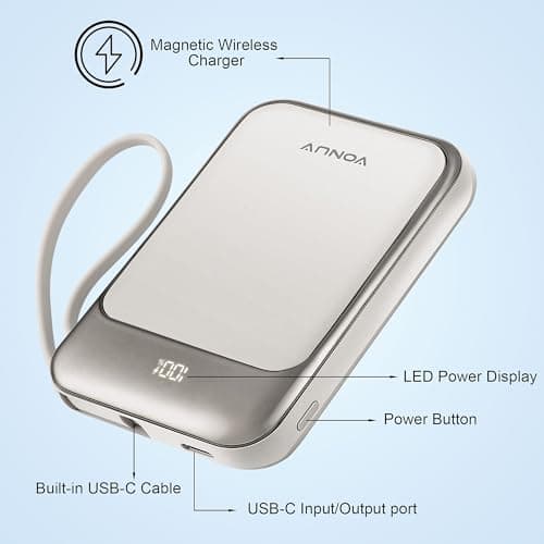 Magnetic Power Bank 10000mAh, Wireless Portable Charger with 15W Max Fast Charging & Built-in USB-C Cable, 22.5W PD LED Display Battery Pack Compatible with iPhone 17/16/15, Samsung Galaxy(white) - Thumbnail 5