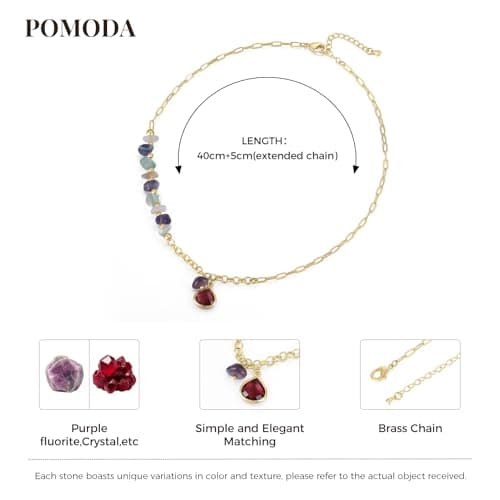 POMODA Crystal Paperclip Pendant Necklace for Women Gemstone Healing Necklaces for Women Natural Stone 14K Gold Plated Charm Boho Summer Jewelry Trendy Fashion Travel Colorful - Thumbnail 2