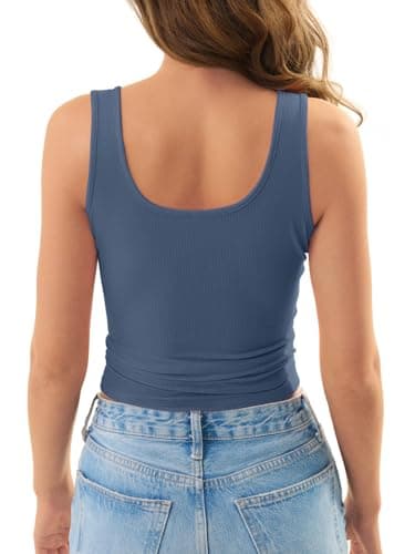 GKBK Womens Backless Henley Tank Tops Scoop Neck Low Cut Sexy Casual Slim Fit Sleeveless Ribbed Summer Cami Shirts Grey Blue - Thumbnail 2