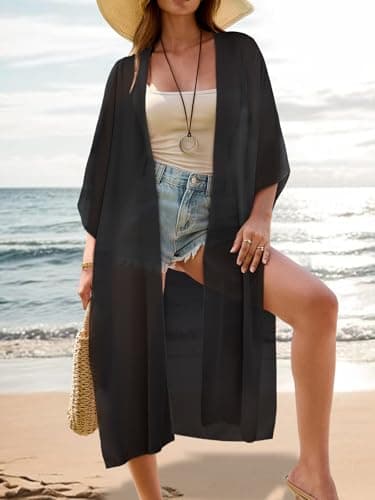 Women's Boho Long Kimono Cardigan Dusters Summer Lightweight Chiffon Sheer Beach Swimsuit Swimwear Bathing Suit Bikini Cover Ups Coverup Plus Size Resort Wear Solid Color Black XX-Large - Thumbnail 2