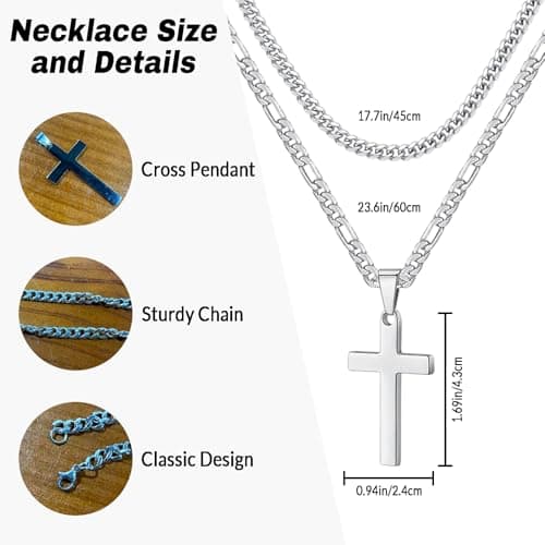 AOzT 4pcs Cross Necklace for Men - Mens Necklace Layered Stainless Steel Cross Necklace for Men Pendant Chain Silver Cross Necklaces for Men Jewelry 18-24 Inches Black - Thumbnail 3