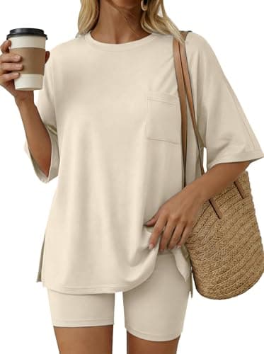 Aotasely Women 2 Piece Lounge Set Summer Oversized T-Shirt Biker Shorts Matching Airport Travel Casual Outfits Clothes - Thumbnail 2