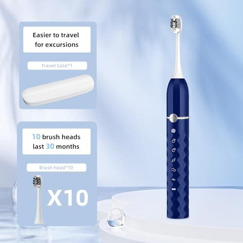 Sonic Electric Toothbrush Set, Equipped with 10 Brush Heads and Travel case, IPX8 Waterproof, 2-Minute Timer, 42000 High-Frequency Vibrations, 5 Modes, The First Choice for Gift Giving, Dark Blue - Thumbnail 2