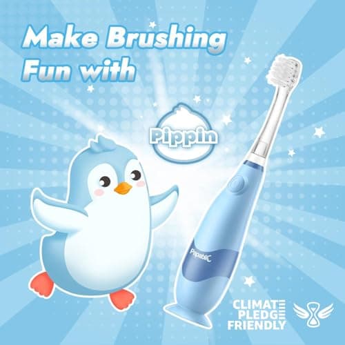 Papablic Toddler Sonic Electric Kids Toothbrush for Ages 1-3 Years, Baby Electric Toothbrush with Cute Penguin Cover and Smart LED Timer, 2 Brush Heads (Pippin) - Thumbnail 2