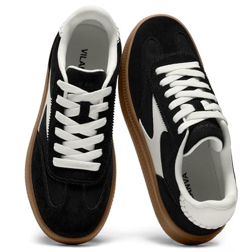 Vilanva Women's Fashion Sneakers Casual Tennis Shoes with Genuine Suede Classic Retro Gum Sole Walking Trendy Footwear Black Multi