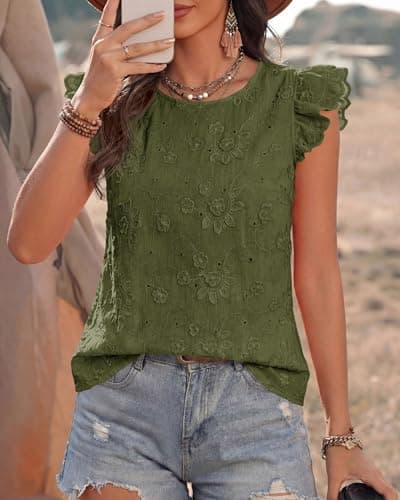 KIRUNDO Blouses for Women Dressy Casual Lace Ruffle Cap Sleeve Tops 2026 Summer Eyelet Floral Embroidered Cute Boho Shirts(Army Green, XX-Large) - Thumbnail 6