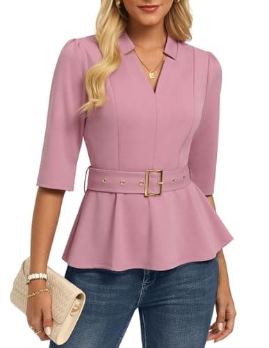 GRACE KARIN 2026 Women Dressy Tops, V Neck Half Sleeve Business Casual Blouses, Spring Fashion Peplum Shirts Pink L - Image 1