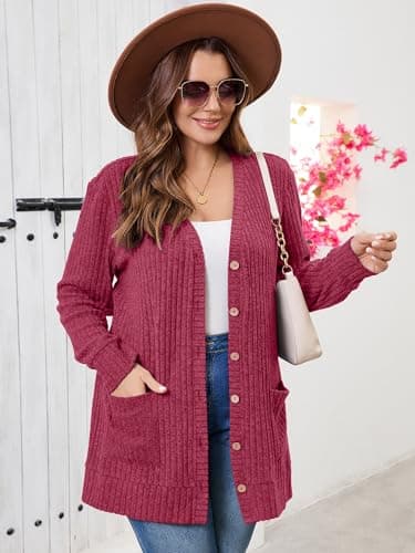 AusLook Plus Size Women Long Sleeve Cardigan 1X Jujube Red Open Front Button Down Lightweight Casual Sweater Cover Ups Shrugs Shawls and Wraps Kimono Jacket Coat with Pockets - Thumbnail 5