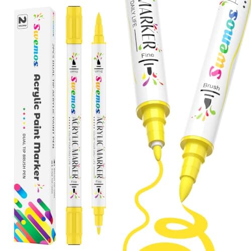 Swemos 2Pcs Yellow Acrylic Paint Pens Markers, Dual Tip with Fine Tip and Brush Tip Pens Acrylic Paint Markers Waterproof Acrylic Markers Set for Rock, Canvas Stone, Wood, Glass, Metal (YELLOW, 2) - Image 1