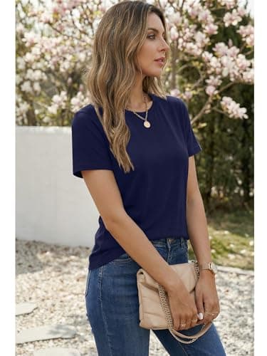 Women's T Shirt Cotton Short Sleeve T-Shirts Crewneck Basic Solid Color Tee Loose Fit Tshirts Breathable Comfy Summer Tops for Women 2026 Navy - Thumbnail 3