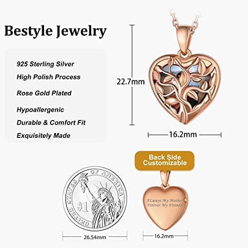 Bestyle Rose Gold Heart Tree of Life Locket Necklace for Women, Small Cute Sterling Silver Heart Locket Choker Necklace Fashion Locket Jewelry, Silver Rose Gold Chain 18"+2 - Thumbnail 6
