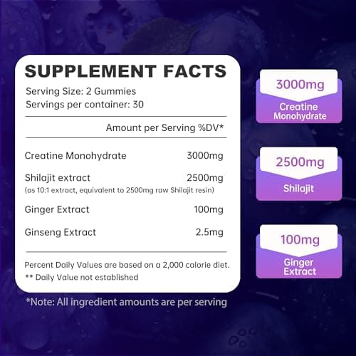 Creatine Gummies 3000mg with Shilajit | Juice-Burst Filled for Muscle Recovery, Strength & Energy Booster | Natural Testosterone & Cognitive Support for Men & Women | 60 Count, Blueberry Flavor - Thumbnail 5