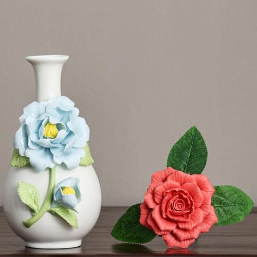 Handmade Pinched Flowers Ceramic Vase with One Ceramic Rose Flower, Home Decor Ceramic Vase for Dining Table, Living Room, Kitchen, Bedroom, Shelf, Office, Coffee Table, Restaurant & Fireplace Mantel