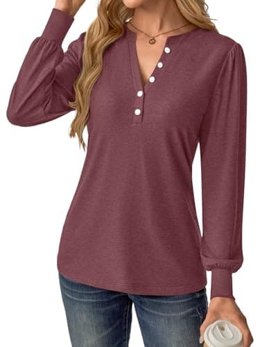 GKBK Women's Puff Long Sleeve Tunic V Neck Button Blouses Fall Tops Trendy Dressy Casual Business Henley Shirts Wine Red S - Thumbnail 5