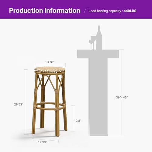 PURPLE LEAF Outdoor Round Bar Height Stool Set of 2 Patio Backless Barstools Aluminum Frame in Bamboo Finish with Amber & White Woven Rattan for Indoor Kitchen Dining Bistros Cafe Restaurant - Thumbnail 2