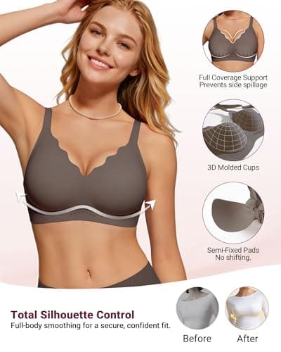 As Fairy Wireless Bras for Women No Underwire Full Coverage Jelly Lift Strong Support Push Up Scalloped Everyday Tshirt Bra Seamless Soft Daily Wear Breathable Air Hole Design(Grey 32A) - Thumbnail 3