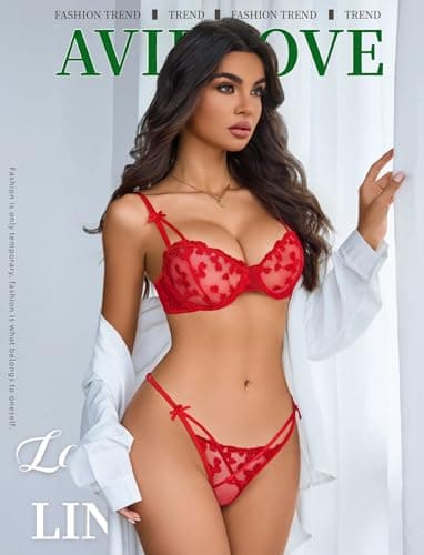 Avidlove Lingerie for Women Sexy Underwire Lingerie Set Cute Push Up Bra and Panty Set Red XL - Thumbnail 2