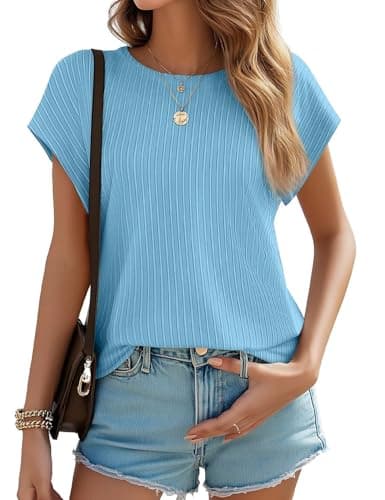 JUSTFASHIONNOW Womens Short Sleeve Tops Business Casual Tops for Women Crew Neck Basic Tees Textured Work Shirts Office Outfits(Sky Blue,XXL) - Image 1