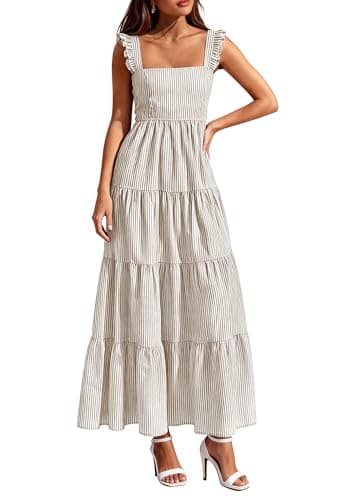PRETTYGARDEN Womens 2026 Summer Casual Maxi Dresses Striped Square Neck Sleeveless Boho Flowy Sundress Beach Vacation Clothes (Brown,X-Small) - Image 1