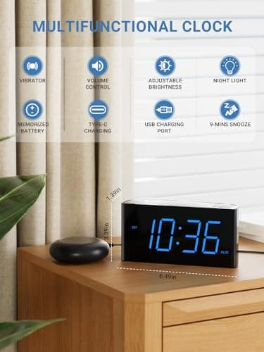 PPLEE Super Loud Alarm Clock for Heavy Sleepers Hearing Impaired Deaf,Vibrating Alarm Clock with Bed Shaker,Big Display Alarm Clock for Bedroom,5 Dimmer,Night Light,USB/Type-C Charger,Power-off Memory - Thumbnail 2