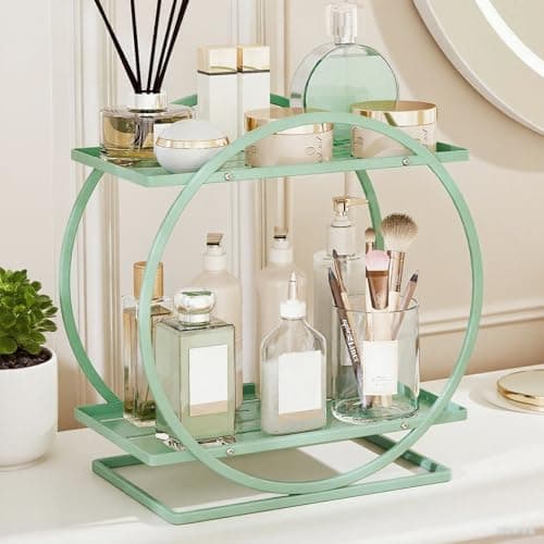 YIWANFW Green Perfume Organizer for Dresser, 2-Tier Bathroom Counter Organizers, Elegant Round Makeup Organizer for Vanity, Versatile Bathroom Tray Countertop Shelf, Compact Skincare Storage - Image 1