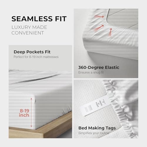 THREAD SPREAD Egyptian Cotton Sheets King Size - 1200 Series Plush Collection Damask Sheet Set Egyptian Cotton (4 PC, White Stripe), Luxury Sheet King Size, Soft, Cooling Deep Pocket Sheets - Thumbnail 6
