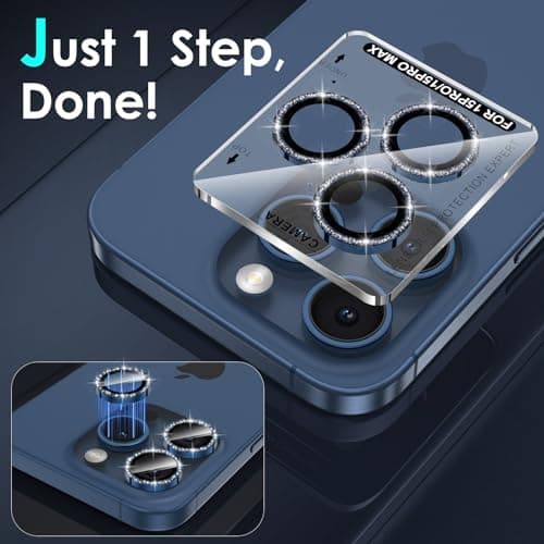 YWXTW Designed for iPhone 15 Pro/iPhone 15 Pro Max Camera Lens Protector Bling, [New Glitter Design] Individual Metal Tempered Glass Camera Cover Accessories Case Friendly (Blue Titanium Glitter) - Thumbnail 4
