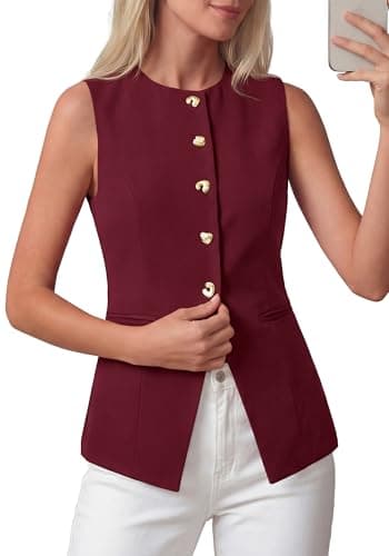 BTFBM Blazers for Women Vest Tops Business Casual Outfits Button Down Sleeveless Pockets Office Work Clothes Spring 2026(Burgundy, Medium) - Image 1