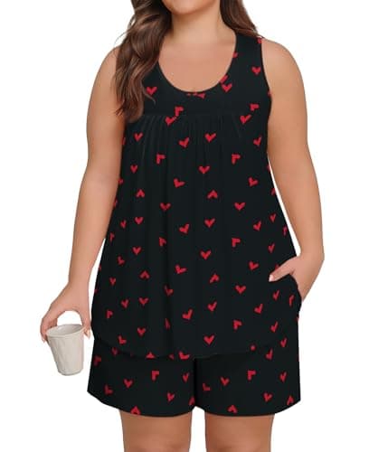 Lastshe Plus Size Pajama Set for Women Summer Sleeveless Tank Tops Shorts Pjs 2 Piece Soft Lounge Set with Pockets Sleepwear,Black Red Heart-3X - Image 1