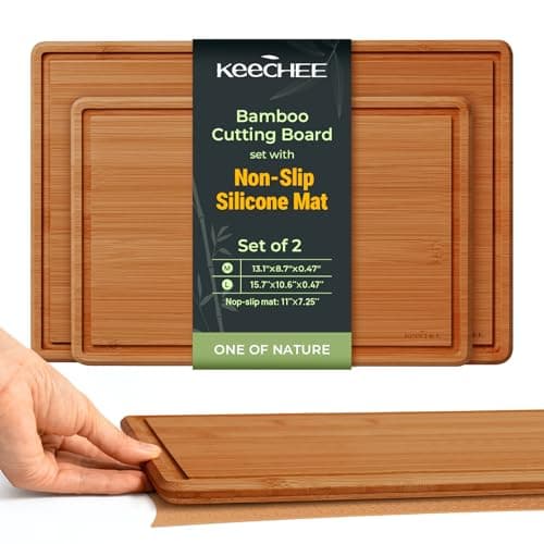 Keechee 2Pcs Cutting Board Set with Non-slip Mat, Bamboo Cutting Boards for Kitchen Meal Prep & Serving - Wood Serving Board Sets with Deep Juice Groove Ideal Kitchen Gifts