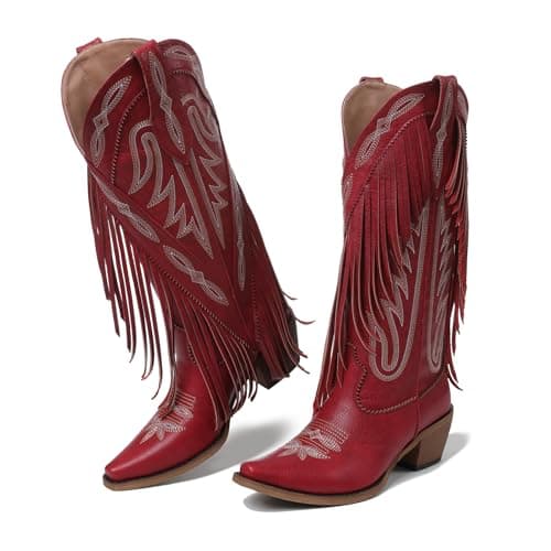 Grakihily Cowgirl Boots for Women Retro Pointed Toe Pull On Block Chunky Heel Embroide Tassel Country Concert Outfits Mid Calf Western Fringe Cowboy Boots,Red Size 9.5 - Image 1