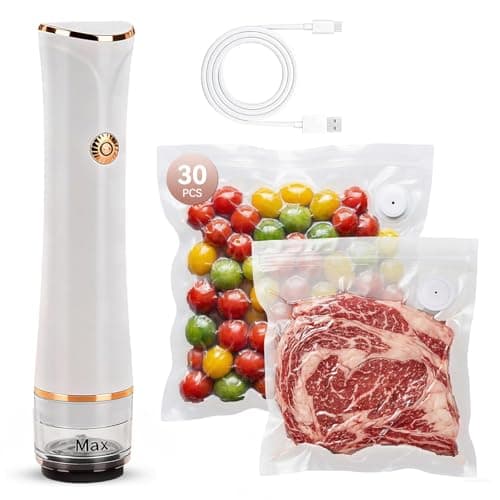 Vixino Compact Vacuum Sealer for Food (Vacuum Sealer Machine + 30 Reusable Vacuum Bags) Powerful Handheld Vacuum Sealer Machine, Extend Freshness up to 10X Longer, Portable & Cordless