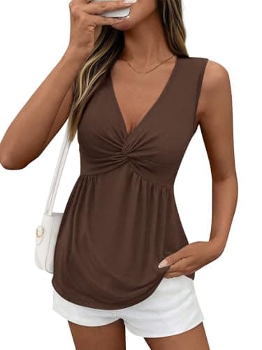 BTFBM Babydoll Tops for Women 2026 Trendy Spring Summer Outfits Twist Front V Neck Peplum Flowy Tank Tops Dressy Casual(Brown, Small) - Image 1