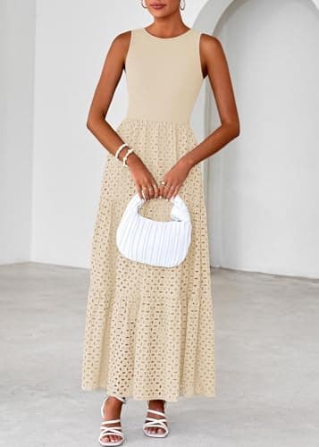 Lazysmile Womens Summer Dresses Crewneck Sleeveless A-Line Hollow Out Eyelet Tiered Tank Maxi Dress Sundress with Pockets - Thumbnail 5