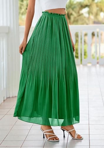 PRETTYGARDEN Long Skirts for Women Summer Vacation Outfits 2026 Spring Chiffon Elastic Waist Flowy A-Line Pleated Midi Skirt(Green,Small) - Thumbnail 3