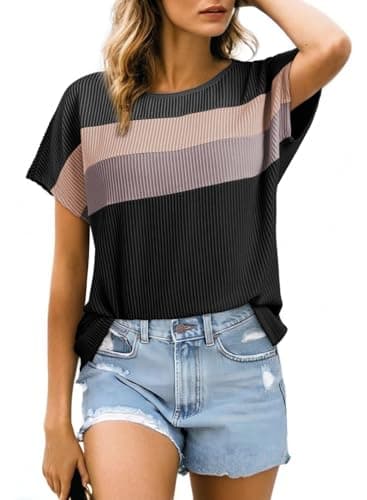 Dokotoo Women's Short Sleeve T Shirts Color Block Crewneck Knitted Casual Loose Trendy Pullover Tunic Tops Blouses Comfy Sweatshirt Knitted Cruise Outfits for Women Black Small - Image 1
